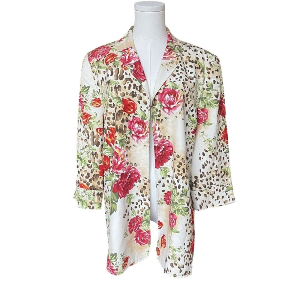 Mixed Media Floral Silk Linen Blazer 14 Animal Print Rose Artsy Chic Statement